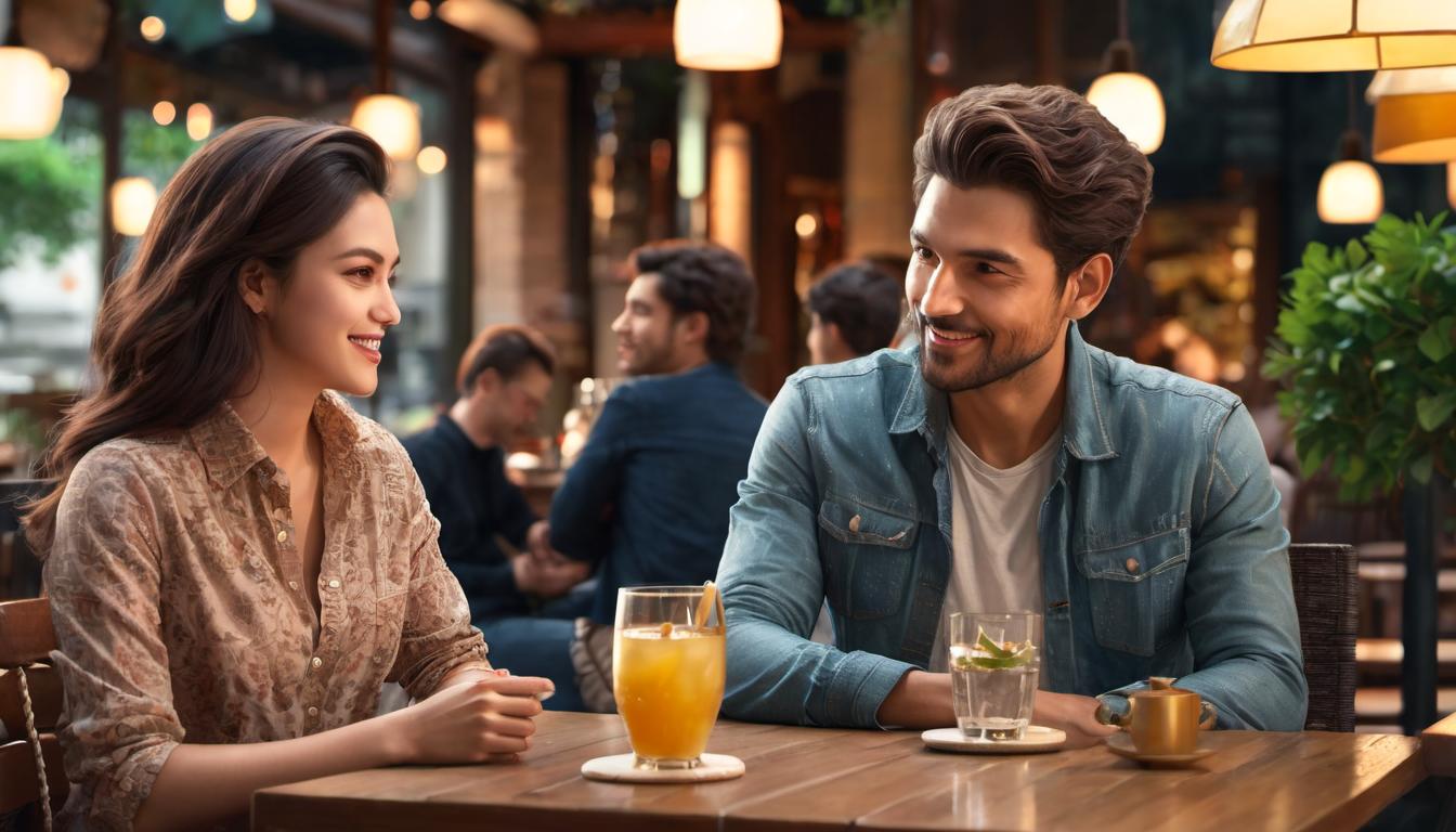  digital illustration, a man and a woman, sitting at a table, engaging in deep conversation, both are dressed in casual clothes, the background features a softly lit cafe interior, warm tones, a sense of connection and mutual respect, looking at viewer, dynamic pose, (intricate details, masterpiece, best quality)