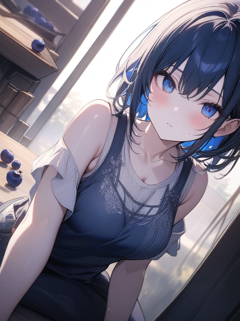  Cute, girl, long hair, thin body, white skin, blue eyes, big eyes, short bob, blueberry, blueberry decoration, tank top, short hair, blue hair color, masterpiece, best quality,8k,ultra detailed,high resolution,an extremely delicate and beautiful,hyper detail