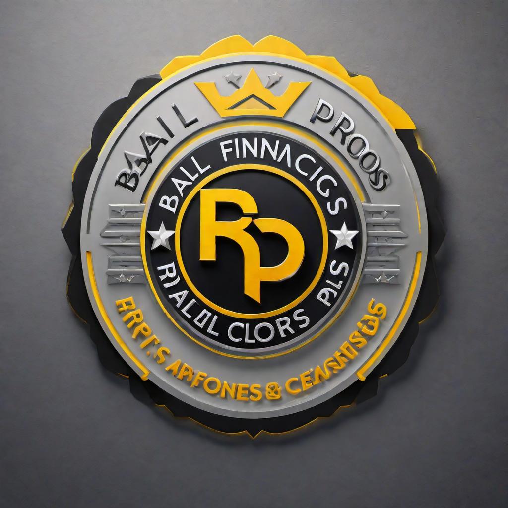  Logo emblem for a business named 'Bail Financing Pros' with the colors black, yellow, and grey. The logo should convey a professional and trustworthy image, incorporating elements that suggest same-day funding services. Use clean and modern design elements. hyperrealistic, full body, detailed clothing, highly detailed, cinematic lighting, stunningly beautiful, intricate, sharp focus, f/1. 8, 85mm, (centered image composition), (professionally color graded), ((bright soft diffused light)), volumetric fog, trending on instagram, trending on tumblr, HDR 4K, 8K