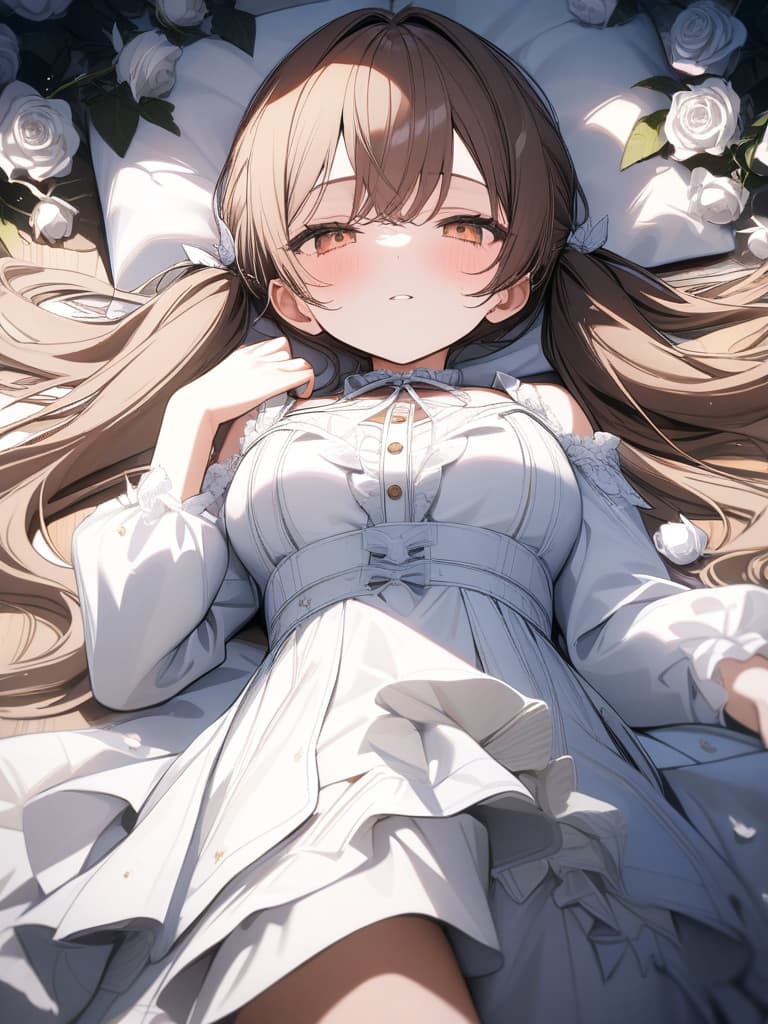  Girl, hair color beige, gothic fashion with many red, white frills, many white roses, white roses, stars, fleeting, light, twin tails, lying down, lying down, masterpiece, best quality,8k,ultra detailed,high resolution,an extremely delicate and beautiful,hyper detail