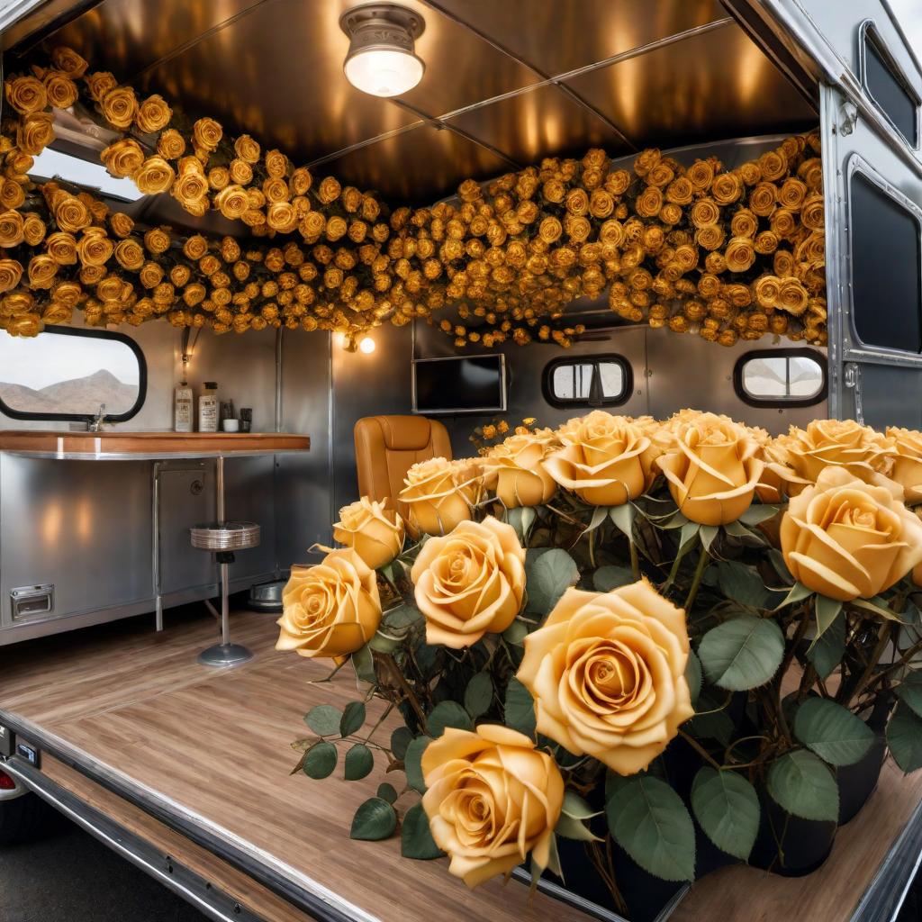  A travel trailer customized to be a hair shop with golden roses painted on the trailer hyperrealistic, full body, detailed clothing, highly detailed, cinematic lighting, stunningly beautiful, intricate, sharp focus, f/1. 8, 85mm, (centered image composition), (professionally color graded), ((bright soft diffused light)), volumetric fog, trending on instagram, trending on tumblr, HDR 4K, 8K