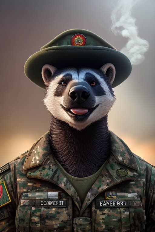  A commanding logo showcasing the bust of a military style honey badger. The honey badger's intense eyes convey a no nonsense attitude, and a sturdy military cap rests atop its head. A cigar protrudes confidently from its mouth, with a trail of smoke rising upward. The logo is defined by clean, strong lines and sharp details, emphasizing the honey badger's rugged and fearless nature. hyperrealistic, full body, detailed clothing, highly detailed, cinematic lighting, stunningly beautiful, intricate, sharp focus, f/1. 8, 85mm, (centered image composition), (professionally color graded), ((bright soft diffused light)), volumetric fog, trending on instagram, trending on tumblr, HDR 4K, 8K