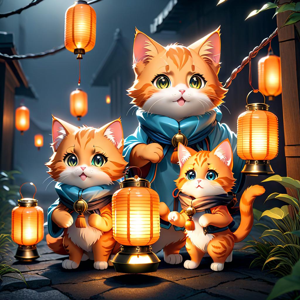  anime artwork Five orange kittens, holding lanterns, on a dark background. . anime style, key visual, vibrant, studio anime, highly detailed hyperrealistic, full body, detailed clothing, highly detailed, cinematic lighting, stunningly beautiful, intricate, sharp focus, f/1. 8, 85mm, (centered image composition), (professionally color graded), ((bright soft diffused light)), volumetric fog, trending on instagram, trending on tumblr, HDR 4K, 8K