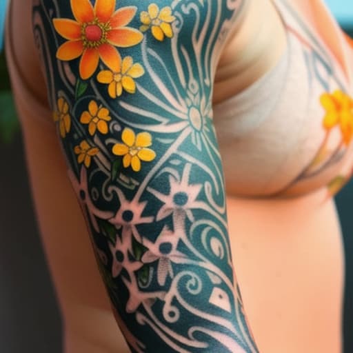  Arm tattoo of Various bright flowers growing along a vine