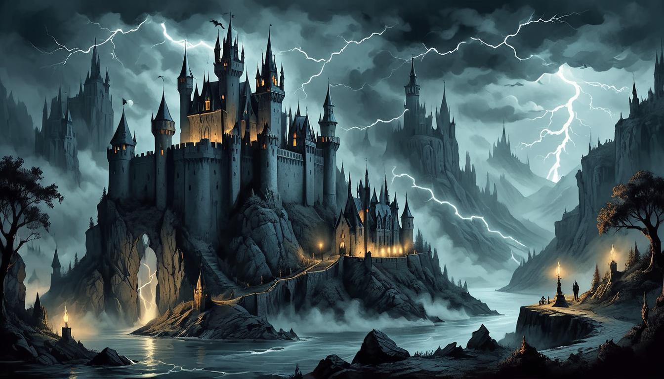  on parchment, surrealism+++, Gothic castle under obsidian sky, perched on jagged cliffs, lightning illuminating spires, imposing, majestic(mysterious, provocative, symbolic,muted color)+++