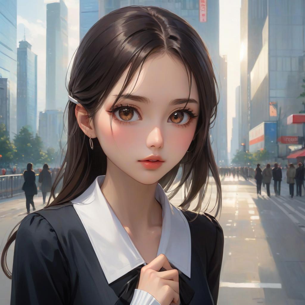  anime artwork beautiful , , white skinned, European, brown eyes, long brown straight hair, side bangs, mole under the lower lip, slender figure, small neat s, dressed in a black dress with a white collar and white cuffs, full length, against the backdrop of a modern city. Skyscrs of Moscow City (photorealism, oil painting: 1.3), (full length shot: 1.3), charming , long flowing black hair, (large sensual mouth: 1.2), plump lips, sparkling brown eyes , narrow waist, (sensual drawing: 1.2), silvery glow, ethereal aura, detailed brushwork, intricate shadows and highlights, mysterious and captivating expression, unique color palette, masterful use of light and shadow, captivating atmosphere, pure emotion, int hyperrealistic, full body, detailed clothing, highly detailed, cinematic lighting, stunningly beautiful, intricate, sharp focus, f/1. 8, 85mm, (centered image composition), (professionally color graded), ((bright soft diffused light)), volumetric fog, trending on instagram, trending on tumblr, HDR 4K, 8K