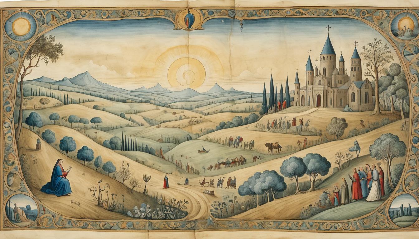  on parchment, surrealism+++, Ruth with an ethereal glow, surrounded by scenes from her life: loyalty to Naomi, gleaning in fields, marrying Boaz, each scene interconnected, celestial backdrop, transcendent atmosphere, embodiment of perseverance and faith(mysterious, provocative, symbolic,muted color)+++