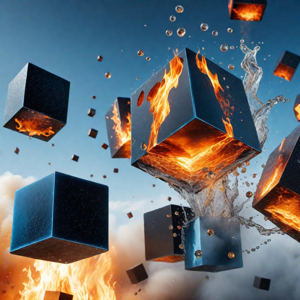  An abstract scene of cubes falling from the sky in a pattern, transitioning into water and flames as they land. The cubes should start as solid geometric shapes and dissolve or morph into flowing water and blazing flames. The background should be a gradient of cool blues and warm oranges to emphasize the transformation theme. The image should have a dynamic and fluid feel, capturing the moment of transformation vividly. hyperrealistic, full body, detailed clothing, highly detailed, cinematic lighting, stunningly beautiful, intricate, sharp focus, f/1. 8, 85mm, (centered image composition), (professionally color graded), ((bright soft diffused light)), volumetric fog, trending on instagram, trending on tumblr, HDR 4K, 8K