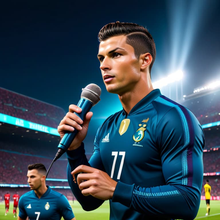  Cristiano Ronaldo holding a microphone,(cartoon style), singing, dressed in his iconic jersey and shorts. The background is a dynamic stadium filled with colorful lights and cheering fans, creating an electric atmosphere. His presence exudes charisma and athleticism as he prepares for a powerful performance on the field, ready to captivate the audience with his skills and determination. hyperrealistic, full body, detailed clothing, highly detailed, cinematic lighting, stunningly beautiful, intricate, sharp focus, f/1. 8, 85mm, (centered image composition), (professionally color graded), ((bright soft diffused light)), volumetric fog, trending on instagram, trending on tumblr, HDR 4K, 8K