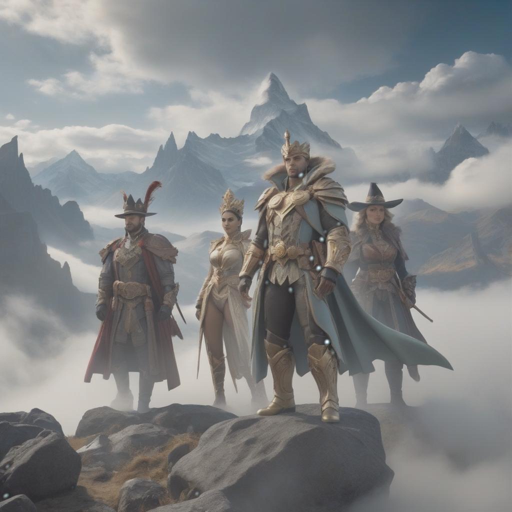  mountains, clouds, city, people in costumes hyperrealistic, full body, detailed clothing, highly detailed, cinematic lighting, stunningly beautiful, intricate, sharp focus, f/1. 8, 85mm, (centered image composition), (professionally color graded), ((bright soft diffused light)), volumetric fog, trending on instagram, trending on tumblr, HDR 4K, 8K