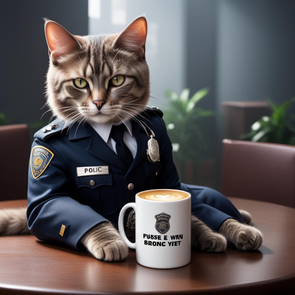  A meme with a cat with a very human-like appearance, dressed in a police uniform, sitting at a table. The cat is holding a handgun and a coffee mug. There’s a caption at the top that says "I HAVEN'T HAD MY COFFEE YET" and at the bottom "DON'T PURRR-SUE ME". It plays on the phrase "don't pursue me" with a humorous twist, replacing "pursue" with "purr-sue," referencing the sound that cats make. hyperrealistic, full body, detailed clothing, highly detailed, cinematic lighting, stunningly beautiful, intricate, sharp focus, f/1. 8, 85mm, (centered image composition), (professionally color graded), ((bright soft diffused light)), volumetric fog, trending on instagram, trending on tumblr, HDR 4K, 8K