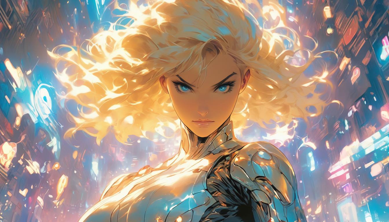  hyperrealism,fantasy aesthetic1woman, large busted attractive blonde arian female humanoid, futuristic attire, surrounded by holographic symbols, space background, high tech clothing clad in sleek, futuristic costume with metallic accents and form fitting designs, marvel superhero comics style, unreal engine rendering