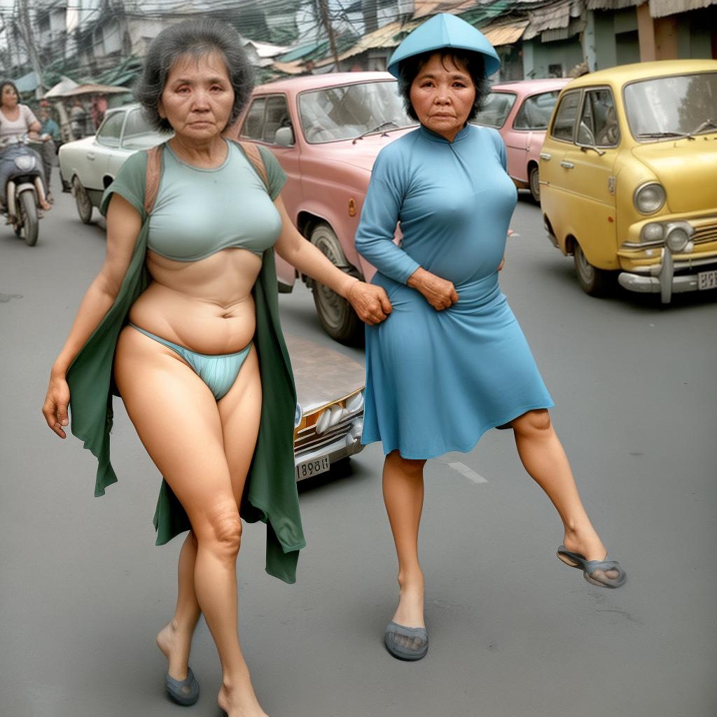  mujer madura de 55 años,voluptuosa con el trasero levantado para atrás y en calzones en la calle del año 1970s de Vietnam