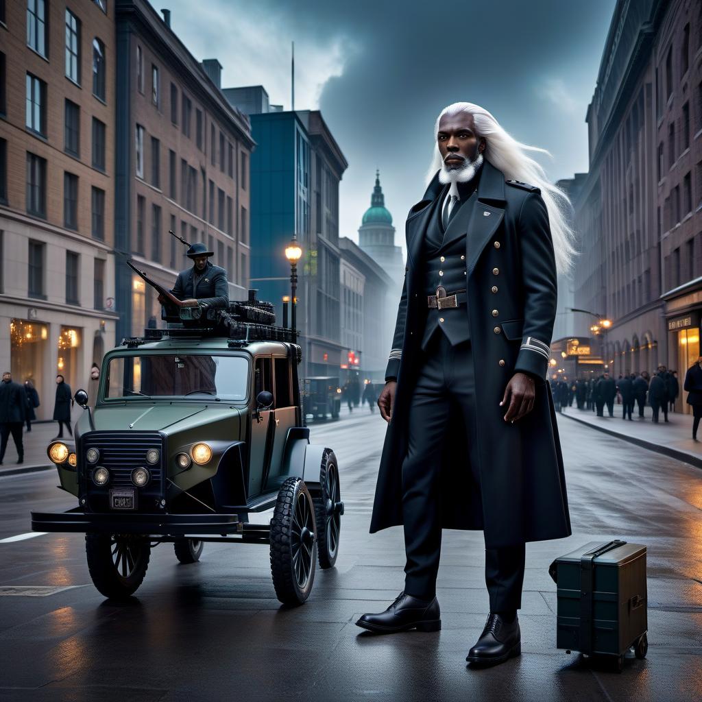  lovecraftian horror A black skinned soldier, in a coat, with two rifles on a cart, a light beard, and long white hair, stands tall in the city. . eldritch, cosmic horror, unknown, mysterious, surreal, highly detailed hyperrealistic, full body, detailed clothing, highly detailed, cinematic lighting, stunningly beautiful, intricate, sharp focus, f/1. 8, 85mm, (centered image composition), (professionally color graded), ((bright soft diffused light)), volumetric fog, trending on instagram, trending on tumblr, HDR 4K, 8K