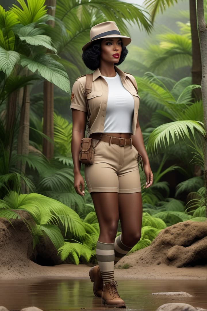  1930’s era young black female jungle explorer ,Velma, wearing her khaki shorts and shirt with khaki knee socks ,standing in mud hyperrealistic, full body, detailed clothing, highly detailed, cinematic lighting, stunningly beautiful, intricate, sharp focus, f/1. 8, 85mm, (centered image composition), (professionally color graded), ((bright soft diffused light)), volumetric fog, trending on instagram, trending on tumblr, HDR 4K, 8K