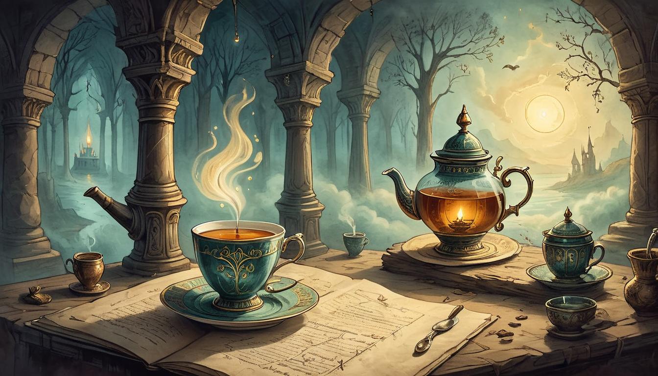  on parchment, surrealism+++, A mundane scene where a cup of tea is illuminated with ethereal light, threads of destiny weaving around it, moments shimmering with deeper meaning, ordinary yet profound, mystical ambiance, sparkling details(mysterious, provocative, symbolic,muted color)+++