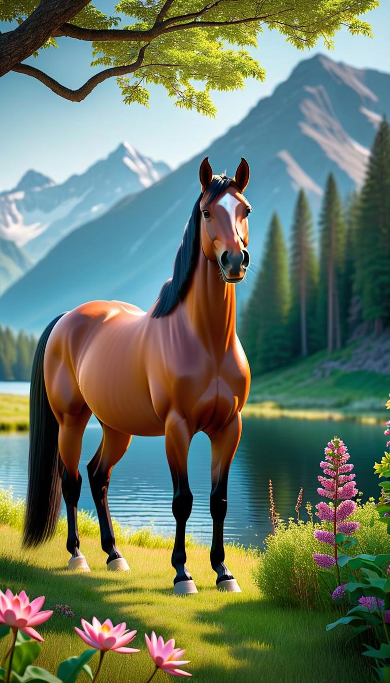  Professional 3D model of A horse stands in a magical clearing and looks out at a lake. The lake is surrounded by mountains and forests. There are fish in the water and you can see water lilies. The horse is standing under a tree that has started to lose its leaves. The horse is surrounded by beautiful flowers, bushes and trees. . Rendered with Octane, the model is highly detailed,dramatic lighting. hyperrealistic, full body, detailed clothing, highly detailed, cinematic lighting, stunningly beautiful, intricate, sharp focus, f/1. 8, 85mm, (centered image composition), (professionally color graded), ((bright soft diffused light)), volumetric fog, trending on instagram, trending on tumblr, HDR 4K, 8K