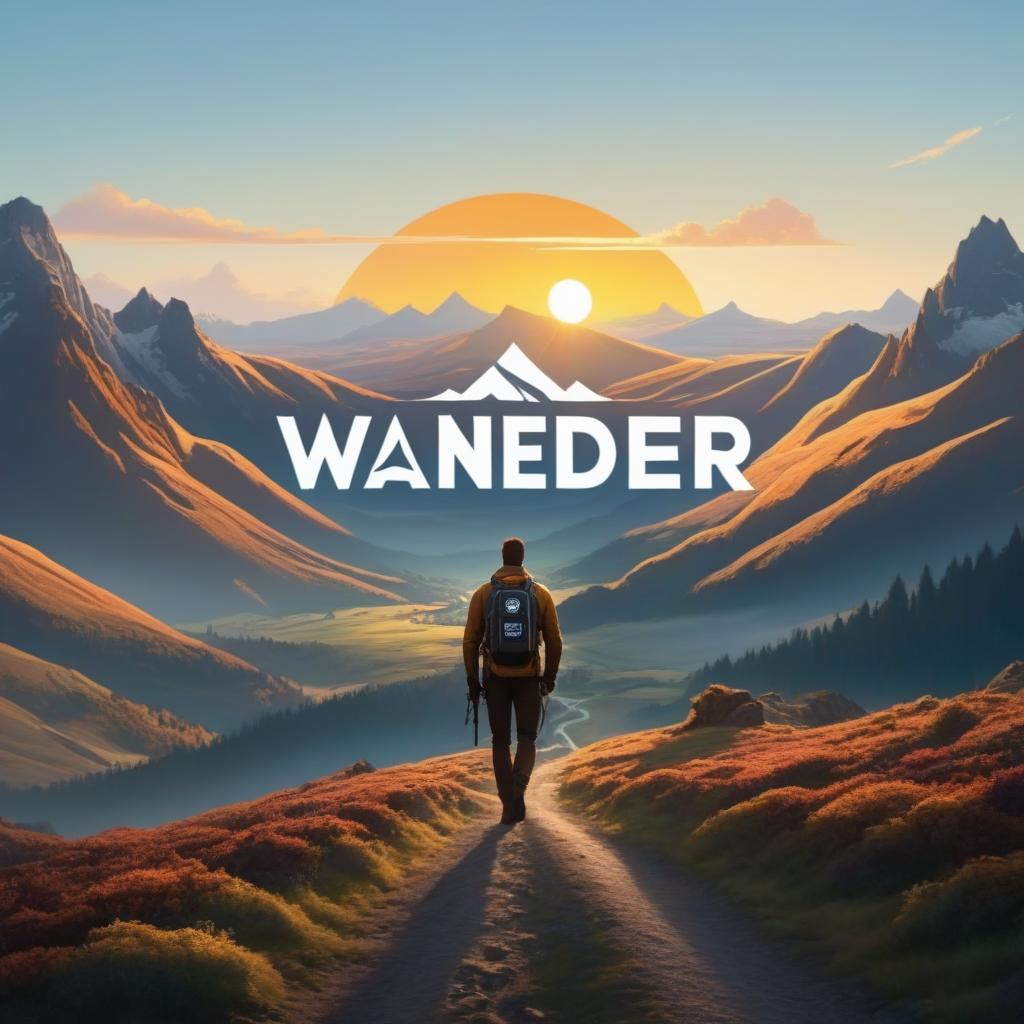  Logo, (realism style), „Wanderer“ auf dem Weg in die Berge bei Sonnenaufgang