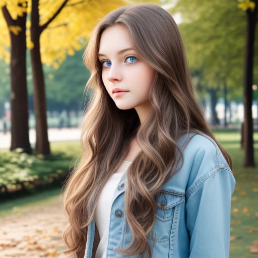  Young woman blue eyes light brown wavy long hair in park