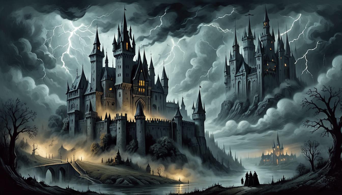  on parchment, surrealism+++, Dark, swirling clouds above a gothic castle, lightning illuminating sinister spires, shadowy figures below facing the looming storm, foreboding, ominous, retribution(mysterious, provocative, symbolic,muted color)+++