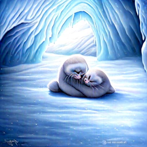  Highly detailed painting of cute furry white baby seals cuddled up inside snowy fantasy ice crystal cavern