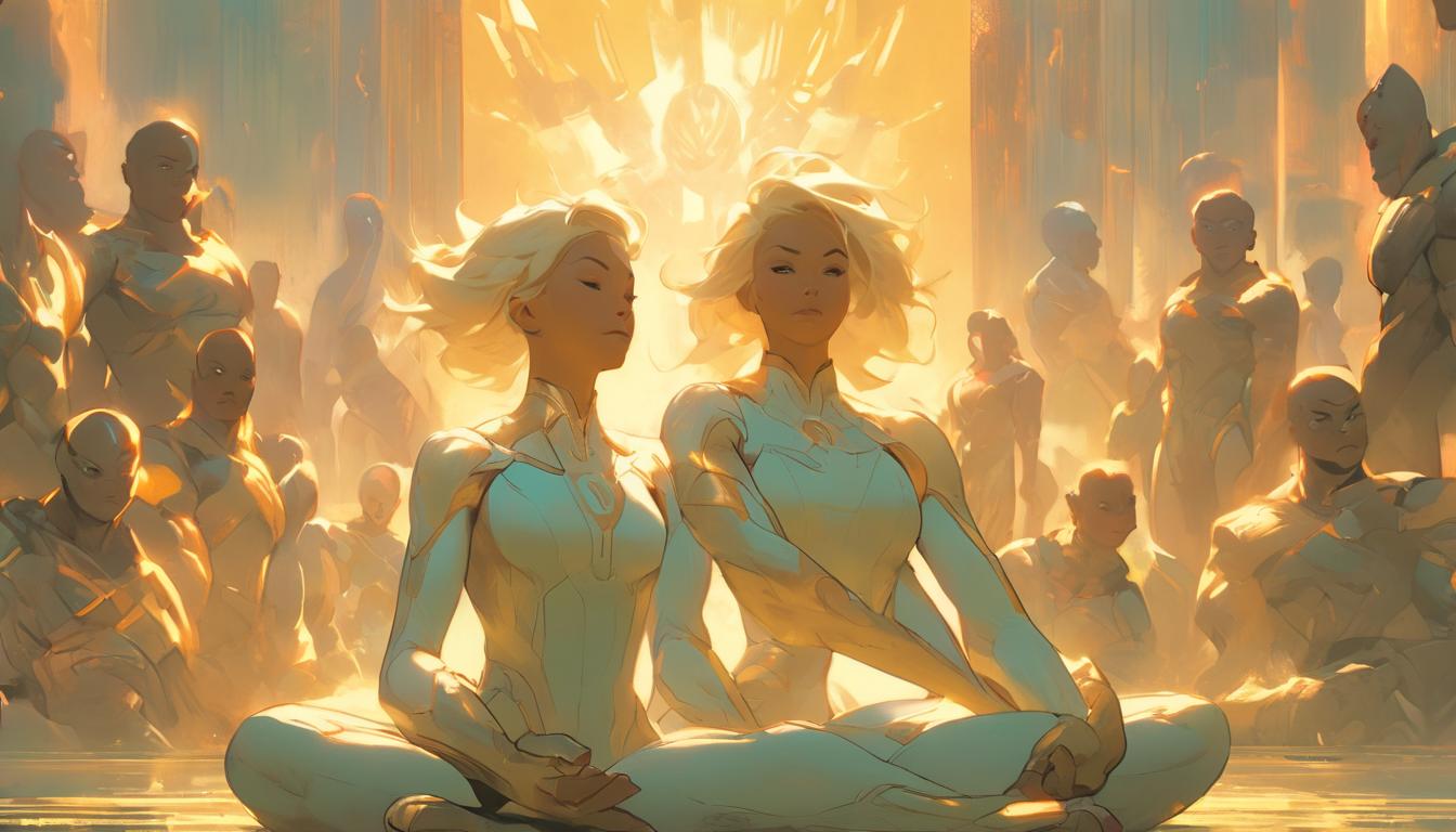  hyperrealism,fantasy aesthetic1woman, large busted attractive blonde arian female humanoid, meditating in lotus position, surrounded by group in serene natural setting, high tech clothing clad in sleek, futuristic costume with metallic accents and form fitting designs, marvel superhero comics style, unreal engine rendering