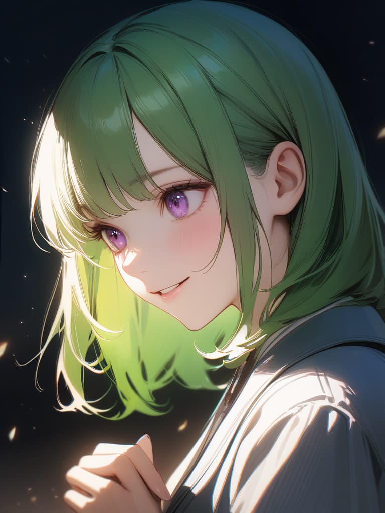  1girl,18yo,green hair, short bowl cut,purple eyes,green suit,very loud laugh, realistic, masterpiece, best quality,8k,ultra detailed,high resolution,an extremely delicate and beautiful,hyper detail