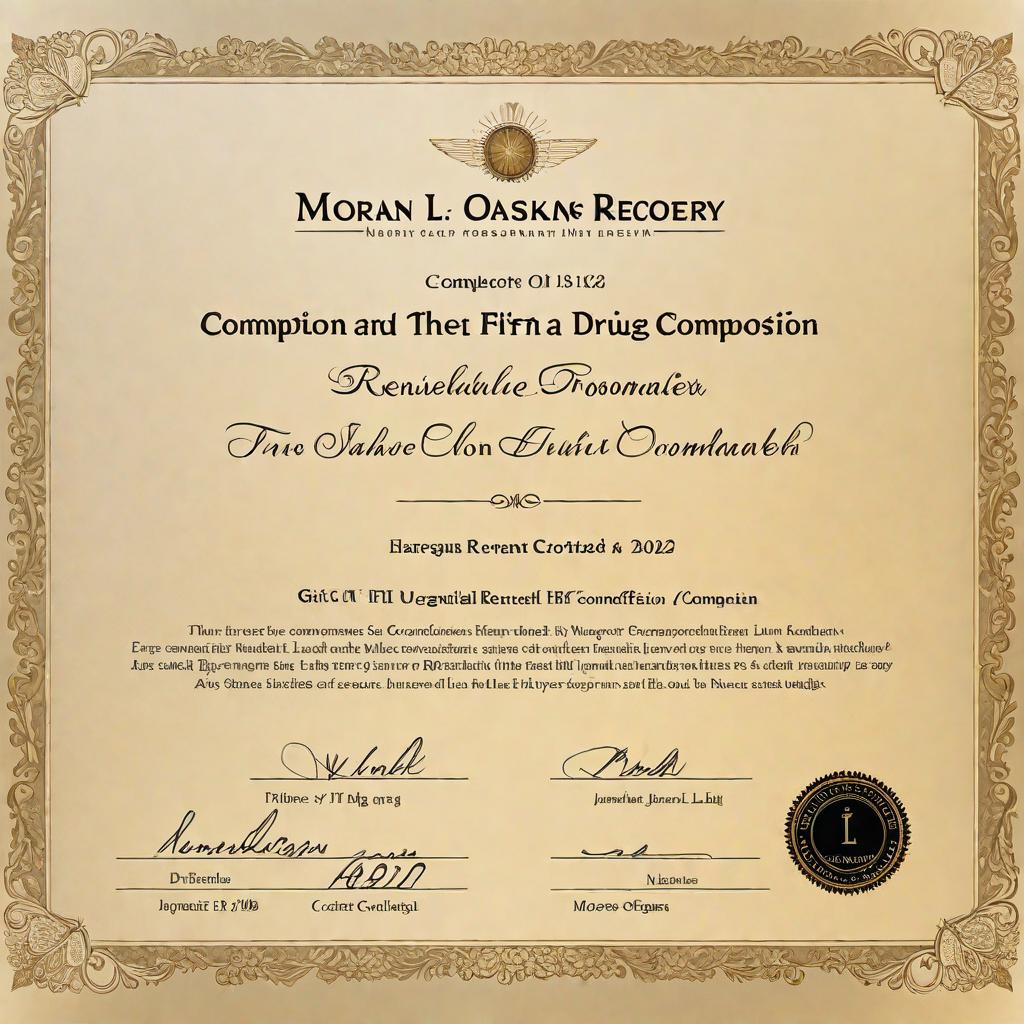  A completion certificate for Morgan L. Shoemaker from Harmony Oaks Recovery Center stating that they have successfully completed the Residential Drug Treatment Program on January 13, 2024. The certificate should have a professional and congratulatory design with the signature line for the Program Director. hyperrealistic, full body, detailed clothing, highly detailed, cinematic lighting, stunningly beautiful, intricate, sharp focus, f/1. 8, 85mm, (centered image composition), (professionally color graded), ((bright soft diffused light)), volumetric fog, trending on instagram, trending on tumblr, HDR 4K, 8K