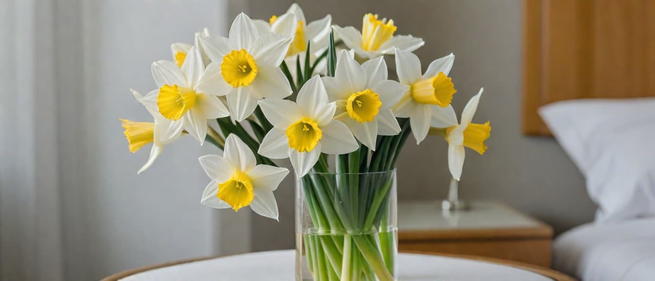  Macro Photography, bouquet of white yellow daffodils in a small vase, hotel room background with copy space, close up, macro 100mm, macro photography