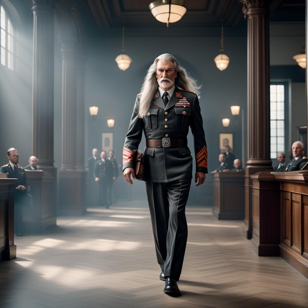  An image of a long-haired aging heavy metal rockstar striding into a stuffy law firm wearing a Nazi SS officer uniform with a cheeky expression. hyperrealistic, full body, detailed clothing, highly detailed, cinematic lighting, stunningly beautiful, intricate, sharp focus, f/1. 8, 85mm, (centered image composition), (professionally color graded), ((bright soft diffused light)), volumetric fog, trending on instagram, trending on tumblr, HDR 4K, 8K