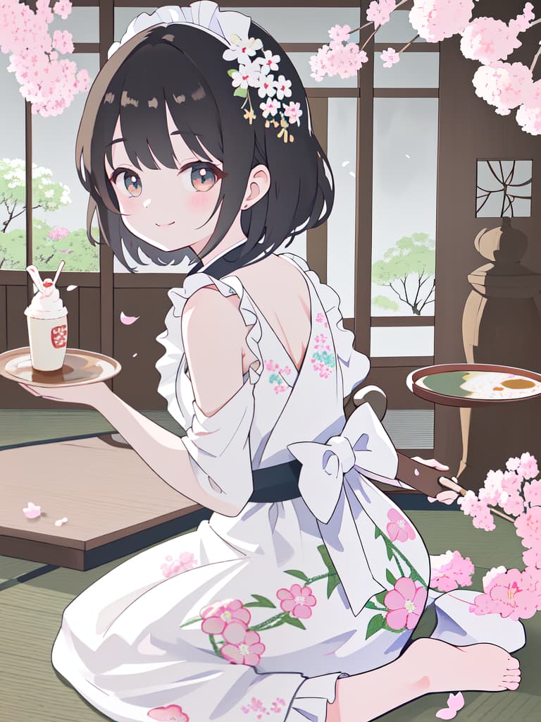  Japanese Painting Style, FRILL APRON, BARE SHOULDER, CARRY A TRAY, HAPPY SMILE, Japanese Cafe, Best Quality: 1.4, ULTRA DETALED EXTURE, Raw PhotOREALISTIC, Absurd Resolution, 8k Illustration, 💩: 1, 💩, 💩, 💩, 💩, 💩,, masterpiece, best quality,8k,ultra detailed,high resolution,an extremely delicate and beautiful,hyper detail