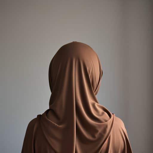  a brown hijab with her hands behind her back