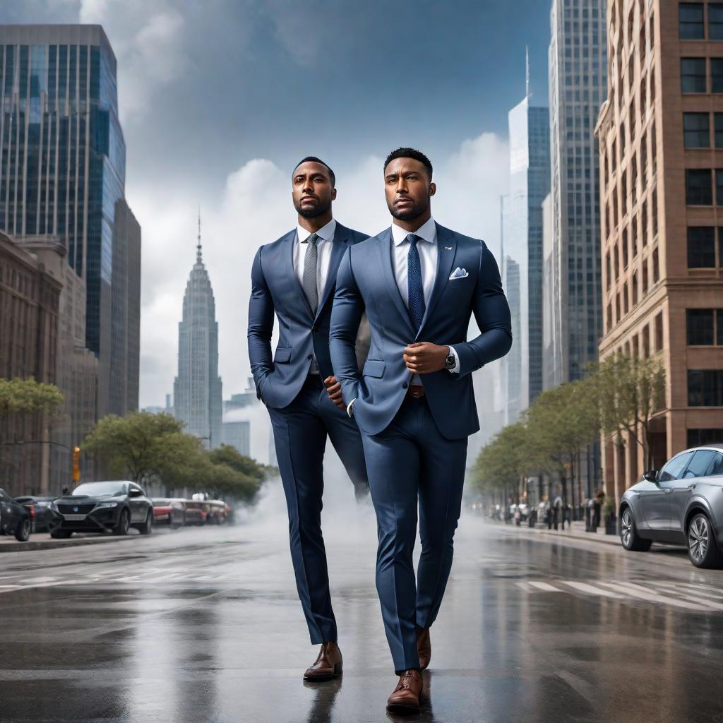  An image of a 30-year-old African-American male who looks stressed, as if he has a salary of $250,000. He is wearing a nice suit in a modern setting to reflect the year 2024. The background should depict a contemporary office or cityscape to emphasize the current year. The image should capture his stress and high-profile lifestyle. hyperrealistic, full body, detailed clothing, highly detailed, cinematic lighting, stunningly beautiful, intricate, sharp focus, f/1. 8, 85mm, (centered image composition), (professionally color graded), ((bright soft diffused light)), volumetric fog, trending on instagram, trending on tumblr, HDR 4K, 8K