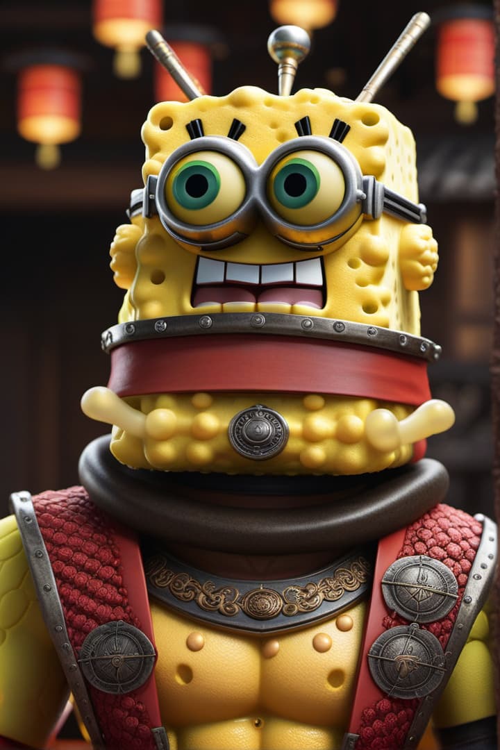  Create an animated SpongeBob in samurai suite hyperrealistic, full body, detailed clothing, highly detailed, cinematic lighting, stunningly beautiful, intricate, sharp focus, f/1. 8, 85mm, (centered image composition), (professionally color graded), ((bright soft diffused light)), volumetric fog, trending on instagram, trending on tumblr, HDR 4K, 8K