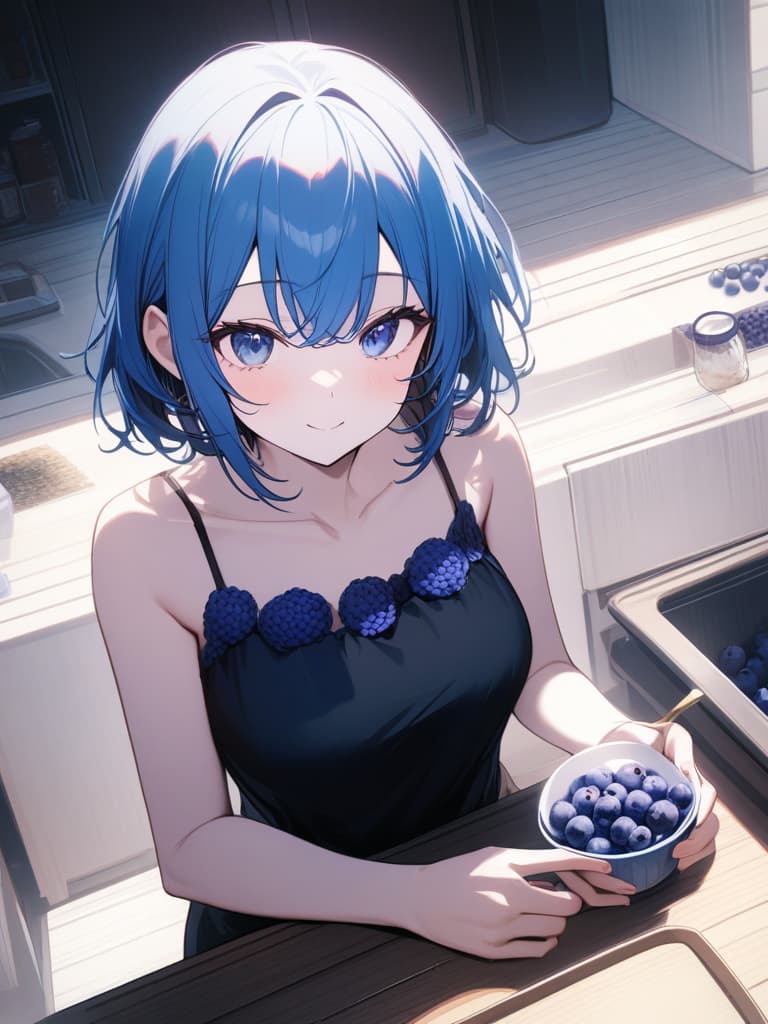  Cute, girl, long hair, thin body, white skin, blue eyes, big eyes, short bob, blueberry, blueberry decoration, short hair, blue hair color, sauce, smiling, camisole, masterpiece, best quality,8k,ultra detailed,high resolution,an extremely delicate and beautiful,hyper detail