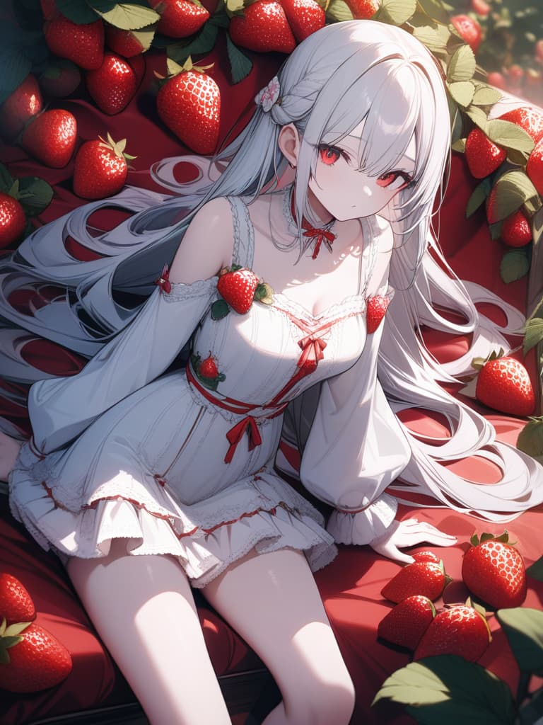  Cute, , white skin, thin body, fluffy hair, strawberry, fruit, white hair, red eyes, long hair, lean eyes, strawberry decoration, frill dress, , masterpiece, best quality,8k,ultra detailed,high resolution,an extremely delicate and beautiful,hyper detail