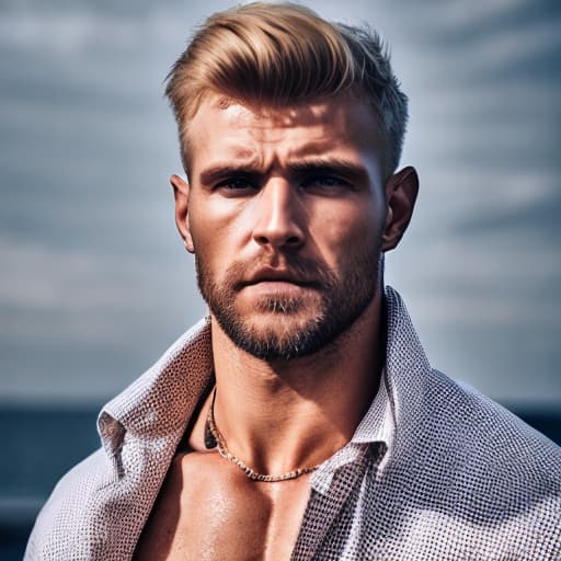 portrait+ style Russian queer fitness model blonde hunk dilf dude face