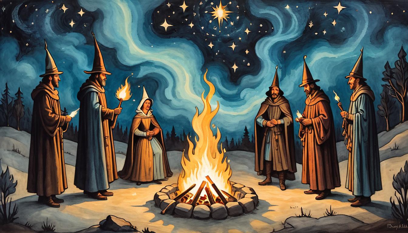  on parchment, surrealism+++, A group of figures gathered around a radiant fire, faces illuminated by the glow, unity and inspiration, night sky with stars twinkling above(mysterious, provocative, symbolic,muted color)+++