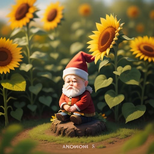  knome sitting in a musroomfairy land withs fairies and sunflowers, hyperrealistic, high quality, highly detailed, perfect lighting, intricate, sharp focus, f/1. 8, 85mm, (centered image composition), (professionally color graded), ((bright soft diffused light)), trending on instagram, HDR 4K, 8K