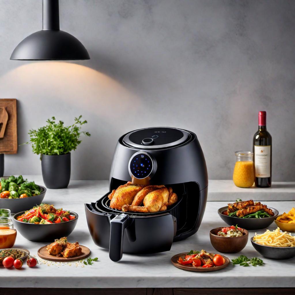  A vibrant and eye-catching image showcasing an air fryer with the text: 'Discover the magic of air frying with these top benefits: 1. Fast cooking 2. Quick meals 3. Quiet operation. Try out an air fryer today and level up your cooking game! #AirFryerMagic' hyperrealistic, full body, detailed clothing, highly detailed, cinematic lighting, stunningly beautiful, intricate, sharp focus, f/1. 8, 85mm, (centered image composition), (professionally color graded), ((bright soft diffused light)), volumetric fog, trending on instagram, trending on tumblr, HDR 4K, 8K