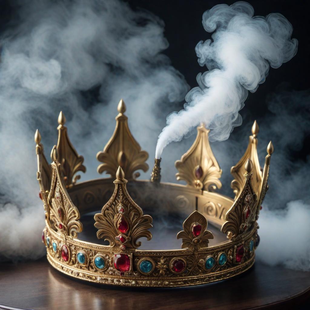  An artistic interpretation featuring a regal king's crown placed next to a rolled spliff, symbolizing royalty and relaxation. hyperrealistic, full body, detailed clothing, highly detailed, cinematic lighting, stunningly beautiful, intricate, sharp focus, f/1. 8, 85mm, (centered image composition), (professionally color graded), ((bright soft diffused light)), volumetric fog, trending on instagram, trending on tumblr, HDR 4K, 8K