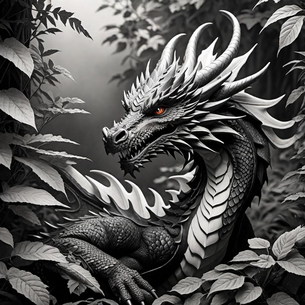  A black and white drawing of a detailed dragon surrounded by foliage. The drawing should emphasize the texture of the dragon's scales, the details of the surrounding plants, and the interplay of light and shadow. The overall look should be dramatic and timeless, capturing the essence of the original colored image in a monochrome palette. hyperrealistic, full body, detailed clothing, highly detailed, cinematic lighting, stunningly beautiful, intricate, sharp focus, f/1. 8, 85mm, (centered image composition), (professionally color graded), ((bright soft diffused light)), volumetric fog, trending on instagram, trending on tumblr, HDR 4K, 8K