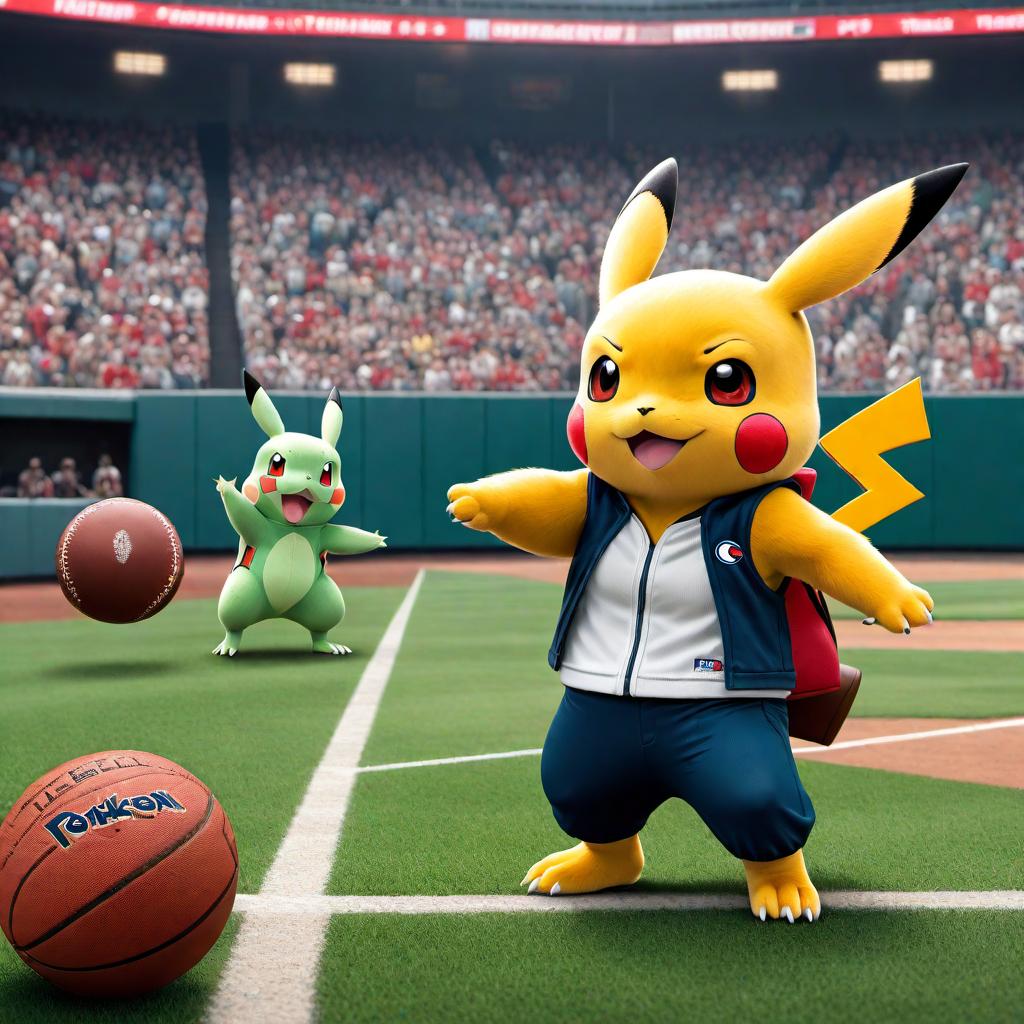  An image featuring Pokémon characters as NBA and MLB players. Pikachu is dressed in a basketball uniform dribbling a ball, Charizard is in a baseball uniform swinging a bat, and Bulbasaur is wearing a baseball cap ready to pitch. The background should be a sports stadium with a crowd cheering. The scene is vibrant and action-packed, capturing the excitement of both sports. hyperrealistic, full body, detailed clothing, highly detailed, cinematic lighting, stunningly beautiful, intricate, sharp focus, f/1. 8, 85mm, (centered image composition), (professionally color graded), ((bright soft diffused light)), volumetric fog, trending on instagram, trending on tumblr, HDR 4K, 8K