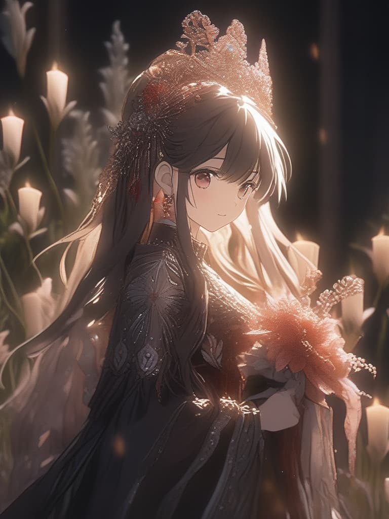  ((Black lily,black lilies in full bloom,black lily hair ornament,)) Black hair,reddish brown eyes,beautiful,pretty girl,expressionless,long hair,ephemeral,black dress,(bust up,bust up composition,(hands clasped,hands clasped))、ultra detailed,best shadow,cute and beautiful face,(masterpiece:1.2),(best quality:1.2),detailed background,high contrast,(best illumination,an extremely delicate and beautiful),((cinematic light)),hyper detail,dramatic light,intricate details,8k,anime,very aesthetic, masterpiece, best quality,8k,ultra detailed,high resolution,an extremely delicate and beautiful,hyper detail