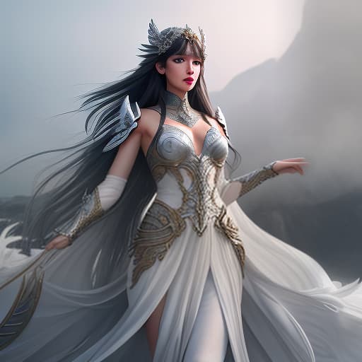  The goddess of wind and freedom. Dark long hair with bangs, white wings, gray eyes, slim body. hyperrealistic, full body, detailed clothing, highly detailed, cinematic lighting, stunningly beautiful, intricate, sharp focus, f/1. 8, 85mm, (centered image composition), (professionally color graded), ((bright soft diffused light)), volumetric fog, trending on instagram, trending on tumblr, HDR 4K, 8K