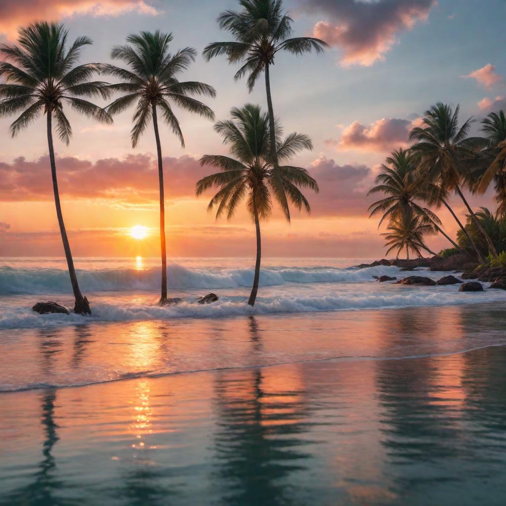  A colorful sunset over a calm ocean with palm trees swaying in the breeze, creating a tranquil and serene scene. hyperrealistic, full body, detailed clothing, highly detailed, cinematic lighting, stunningly beautiful, intricate, sharp focus, f/1. 8, 85mm, (centered image composition), (professionally color graded), ((bright soft diffused light)), volumetric fog, trending on instagram, trending on tumblr, HDR 4K, 8K