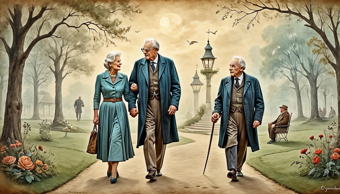  on parchment, surrealism+++, Healthy elderly couple, serene park setting, walking hand in hand, vitality and longevity, joyous atmosphere(mysterious, provocative, symbolic,muted color)+++