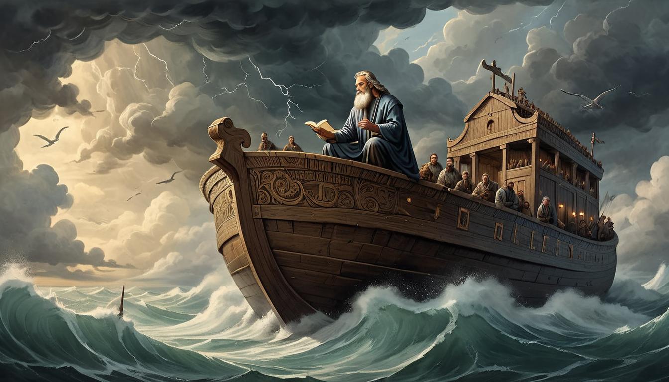  on parchment, surrealism+++, Noah kneeling in prayer on the deck of the ark, wind ruffling pages of an open book, storm clouds overhead, peaceful and devoted expression(mysterious, provocative, symbolic,muted color)+++