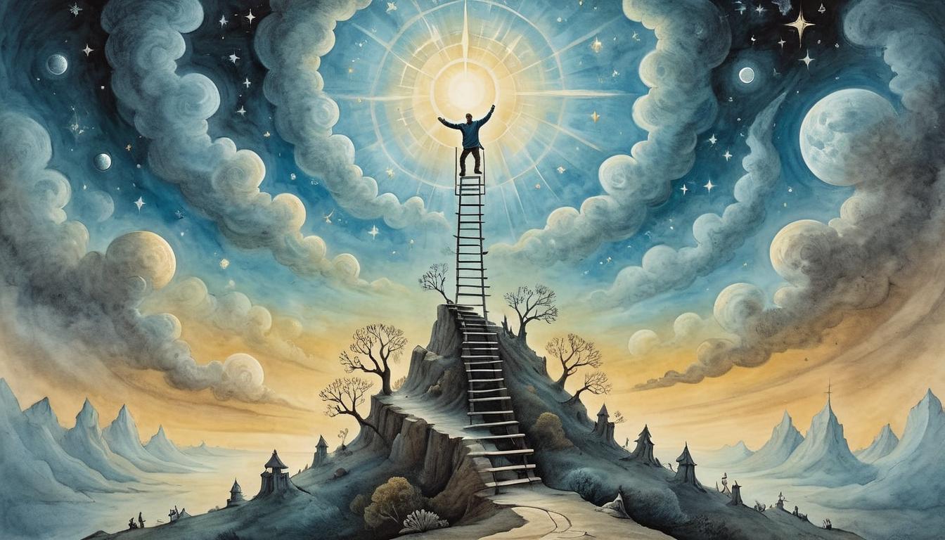  on parchment, surrealism+++, ladder made of shimmering light reaching skyward, figure with outstretched arms climbing, celestial glow, aspirational, divine(mysterious, provocative, symbolic,muted color)+++