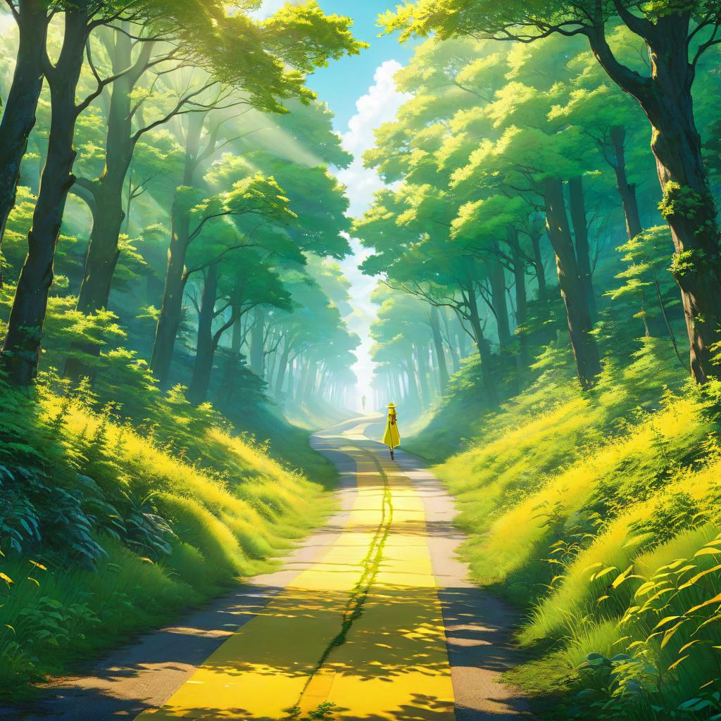  anime artwork winding yellow road in a bright green forest leading away . anime style, key visual, vibrant, studio anime, highly detailed hyperrealistic, full body, detailed clothing, highly detailed, cinematic lighting, stunningly beautiful, intricate, sharp focus, f/1. 8, 85mm, (centered image composition), (professionally color graded), ((bright soft diffused light)), volumetric fog, trending on instagram, trending on tumblr, HDR 4K, 8K